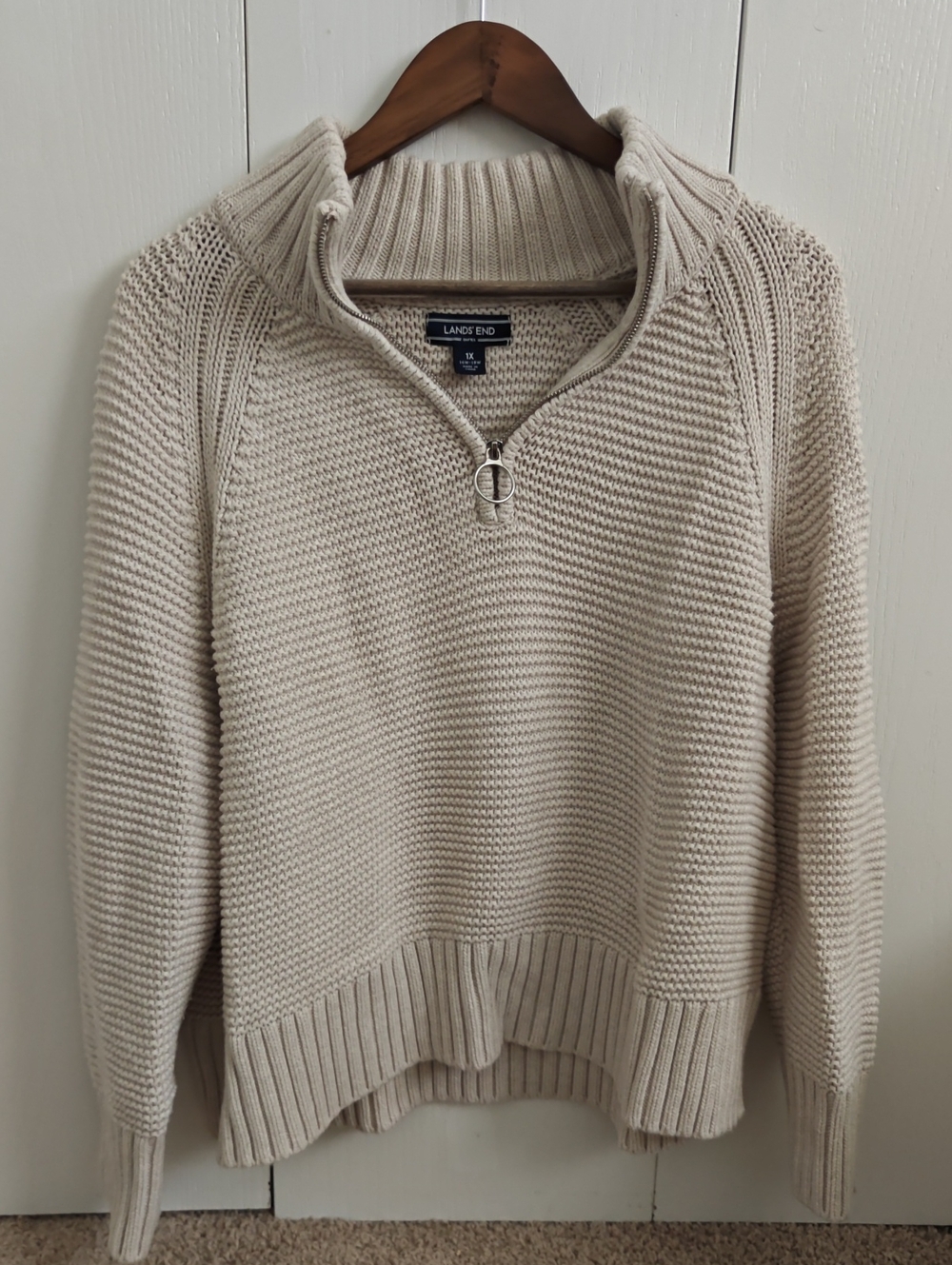 Lands' End Women's Cream Zip-Front Knit Turtleneck Sweater